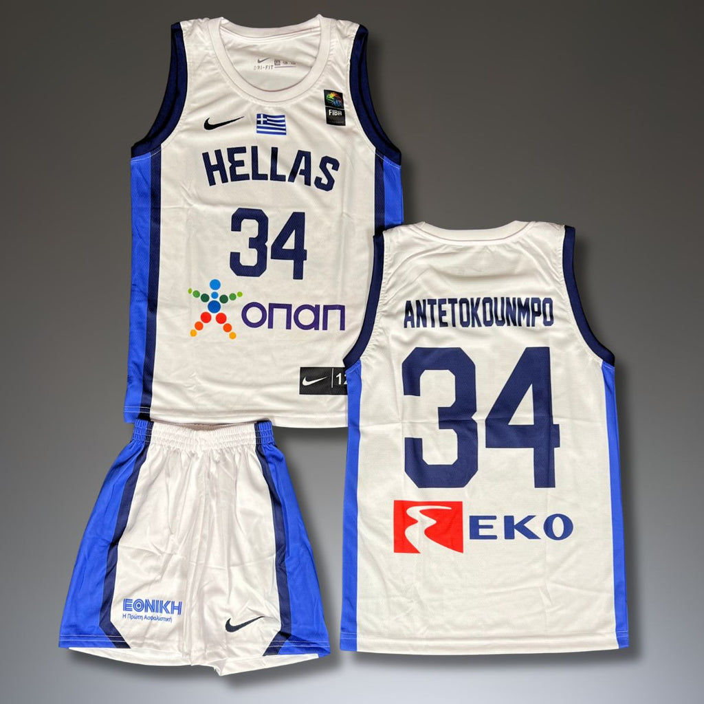 Gyerek kosárlabda mez szett, fehér. Görögország, Antetokounmpo