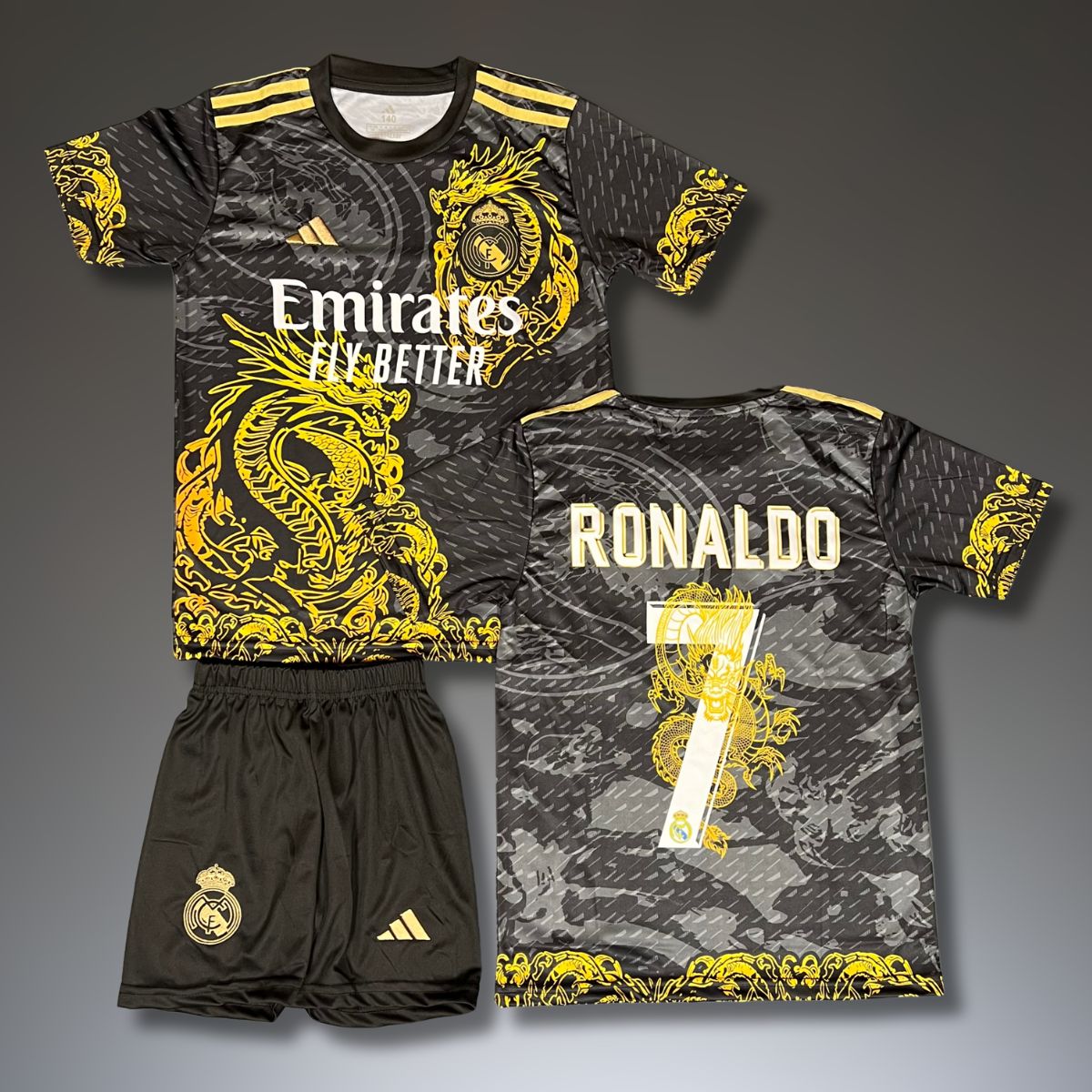 Gyerek mez szett Real Madrid, Ronaldo. Fekete sárkány 2025-ös kiadás