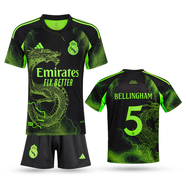 Gyerek fluoreszkáló mez szett Real Madrid, Bellingham. Neonzöld sárkány kiadás 2025