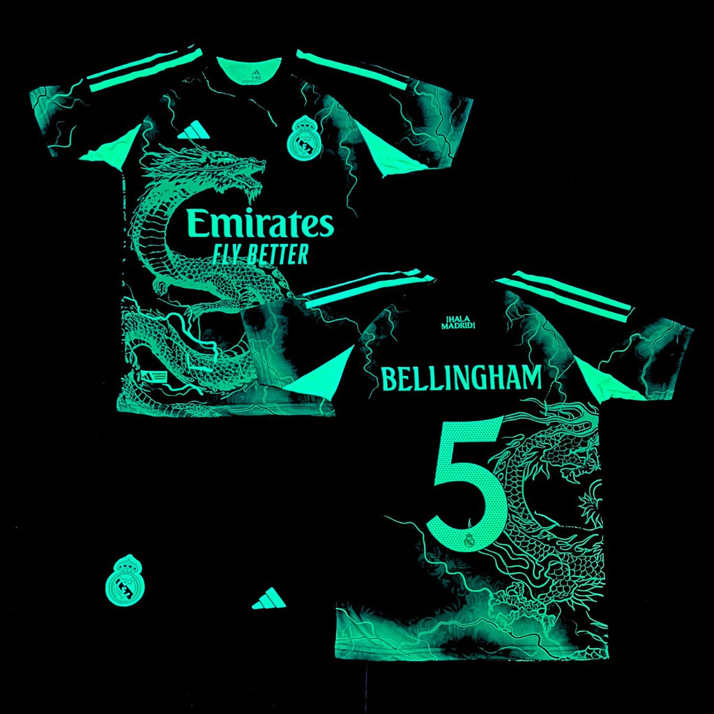 Gyerek fluoreszkáló mez szett Real Madrid, Bellingham. Neonzöld sárkány kiadás 2025