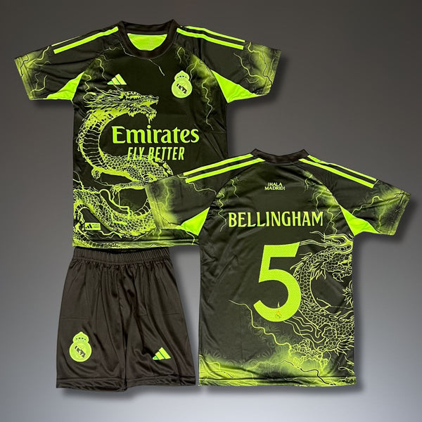 Gyerek fluoreszkáló mez szett Real Madrid, Bellingham. Neonzöld sárkány kiadás 2025