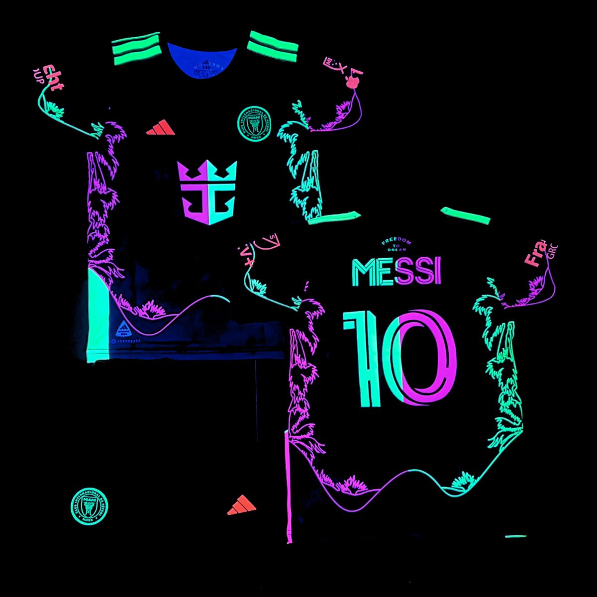 Gyerek fluoreszkáló mez szett Inter Miami, Messi. Neonszínű pálmafa kiadás
