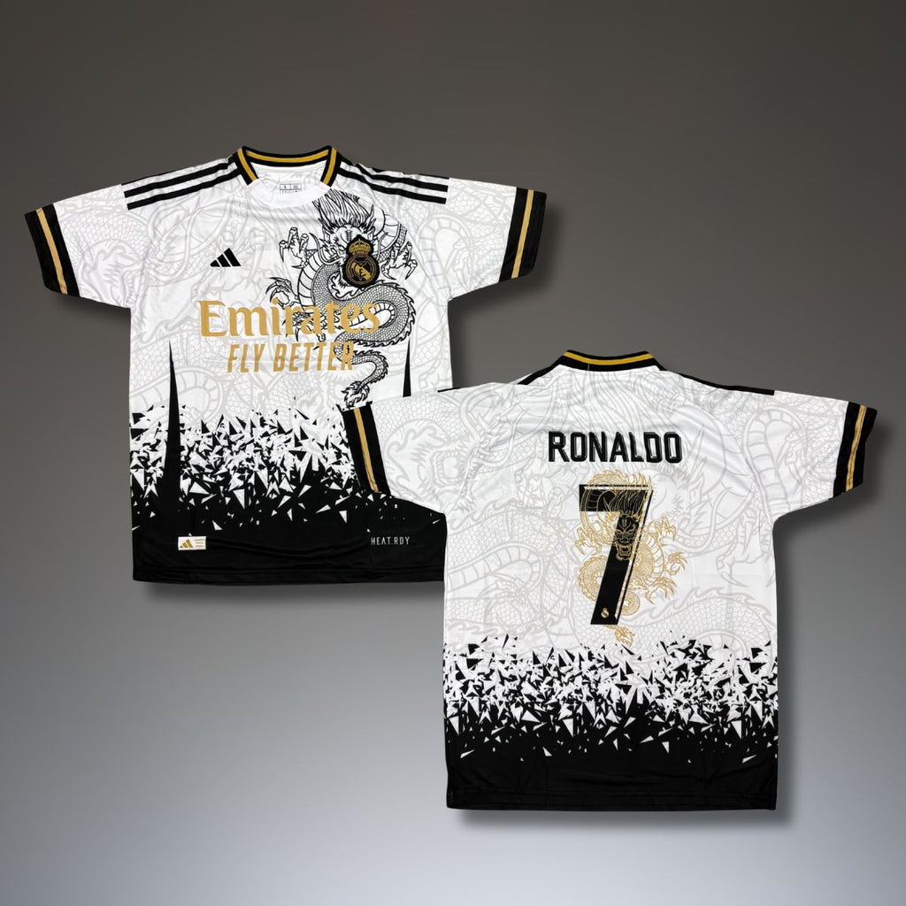 Férfi vendég mez Real Madrid, fehér, Ronaldo. Sárkány kiadás 2024