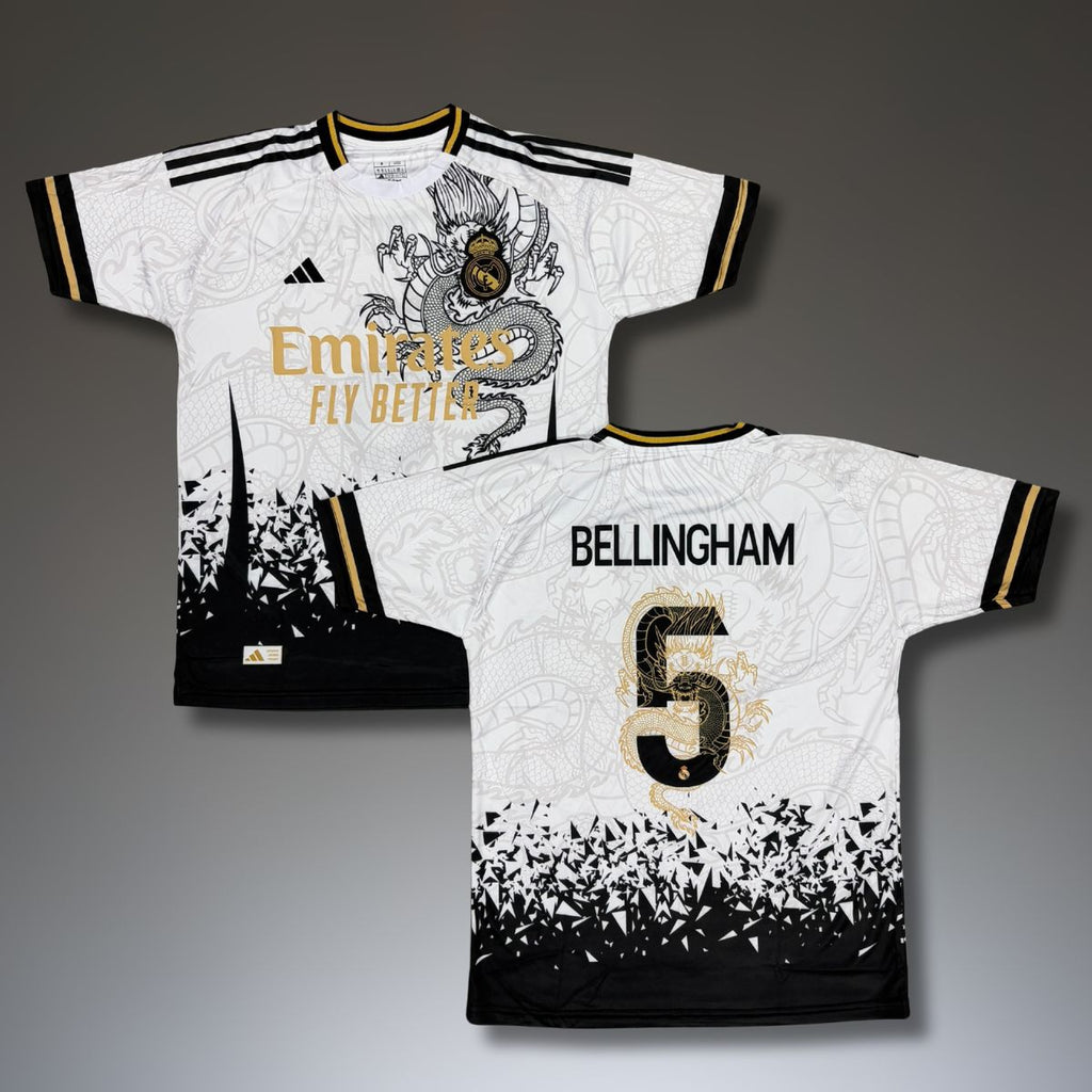 Férfi mez Real Madrid, fehér, Bellingham. Sárkány kiadás 2024